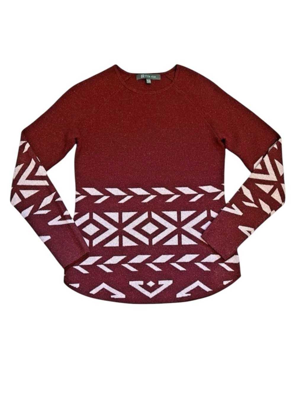 TITLE NINE Burgundy Por Vida 2.0 Silk Wool Blend Sweater Fair Isle Retro Geo XS